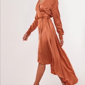 rust satin wrap ruffle midi dress